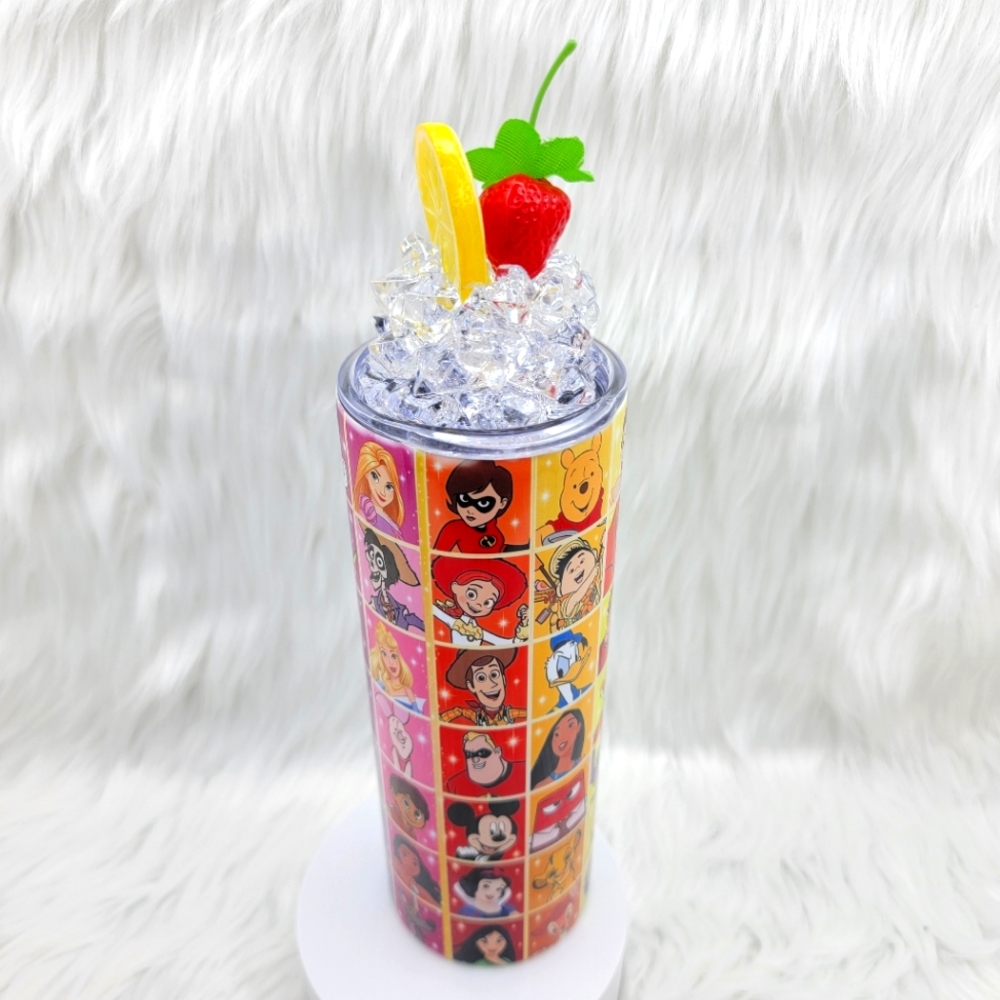 Disney movie characters skinny tumbler drinking cup 20 Oz. with ice topper.